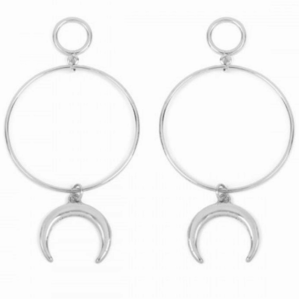 SILVER CRESCENT MOON CHARM HOOP DANGLE EARRINGS